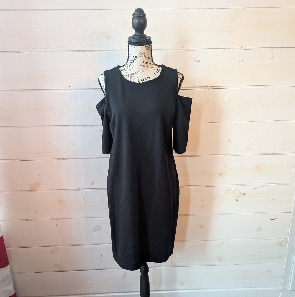Michael Kors Black Cold Shoulder Sheath Dress Gold Zip Back L